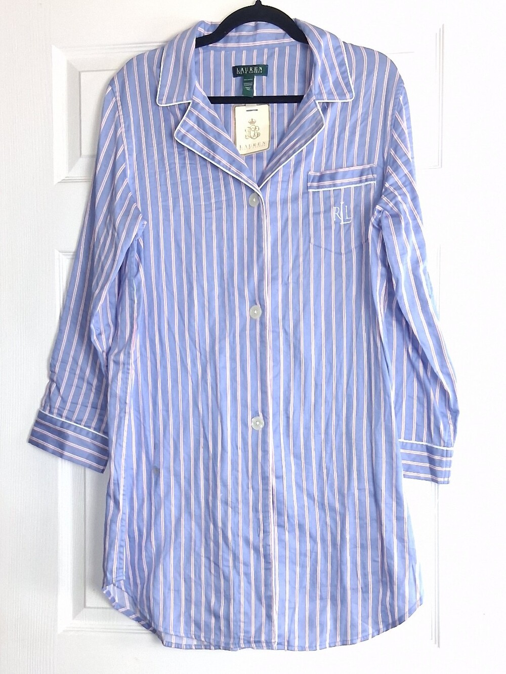 Lauren Ralph Lauren Blue Pink Stripe 100% Cotton Button Up Sleep Shirt Dress